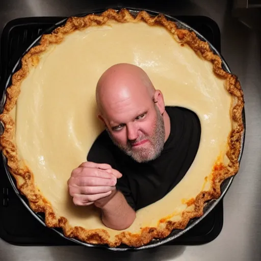 Image similar to ethan van sciver with a bald head and grey trimmed beard is sniffing a warm baked pie in his kitchen in the middle of the night h 7 0 4