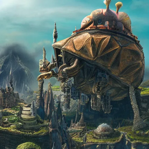 Image similar to large fantasy castle rising from the top of a giant tortoise that is centered in frame, towering over a harsh barren wasteland, howls moving castle, mortal engines, kaiju, distant shot from the air, fantasy, hyper detailed, 4 k