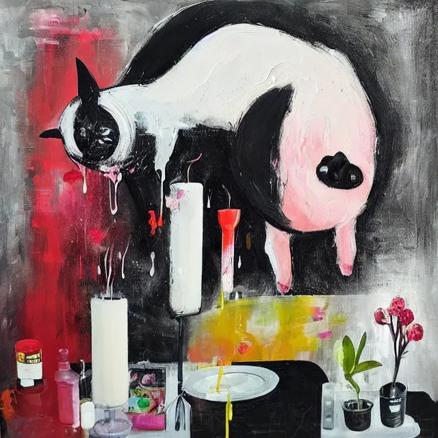 Image similar to “ a portrait in a female art student ’ s apartment, sensual, a pig theme, art supplies, paint tubes, ikebana, herbs, a candle dripping white wax, black walls, squashed berries, berry juice drips, acrylic and spray paint and oilstick on canvas, surrealism, neoexpressionism ”