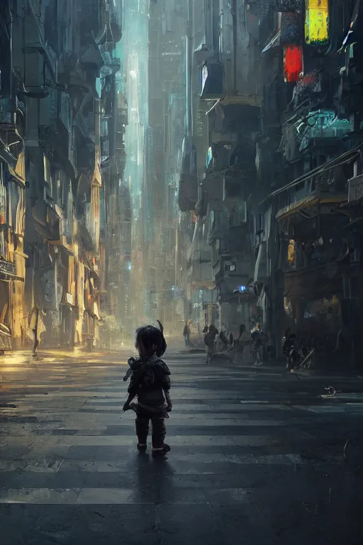 Image similar to a portrait of a small person wearing a katana in the middle foreground walking in the street of a sci-fi city by Greg Rutkowski, Sung Choi, Mitchell Mohrhauser, Maciej Kuciara, Johnson Ting, Maxim Verehin, Peter Konig, final fantasy , mythical, 8k photorealistic, cinematic lighting, HD, high details, atmospheric,