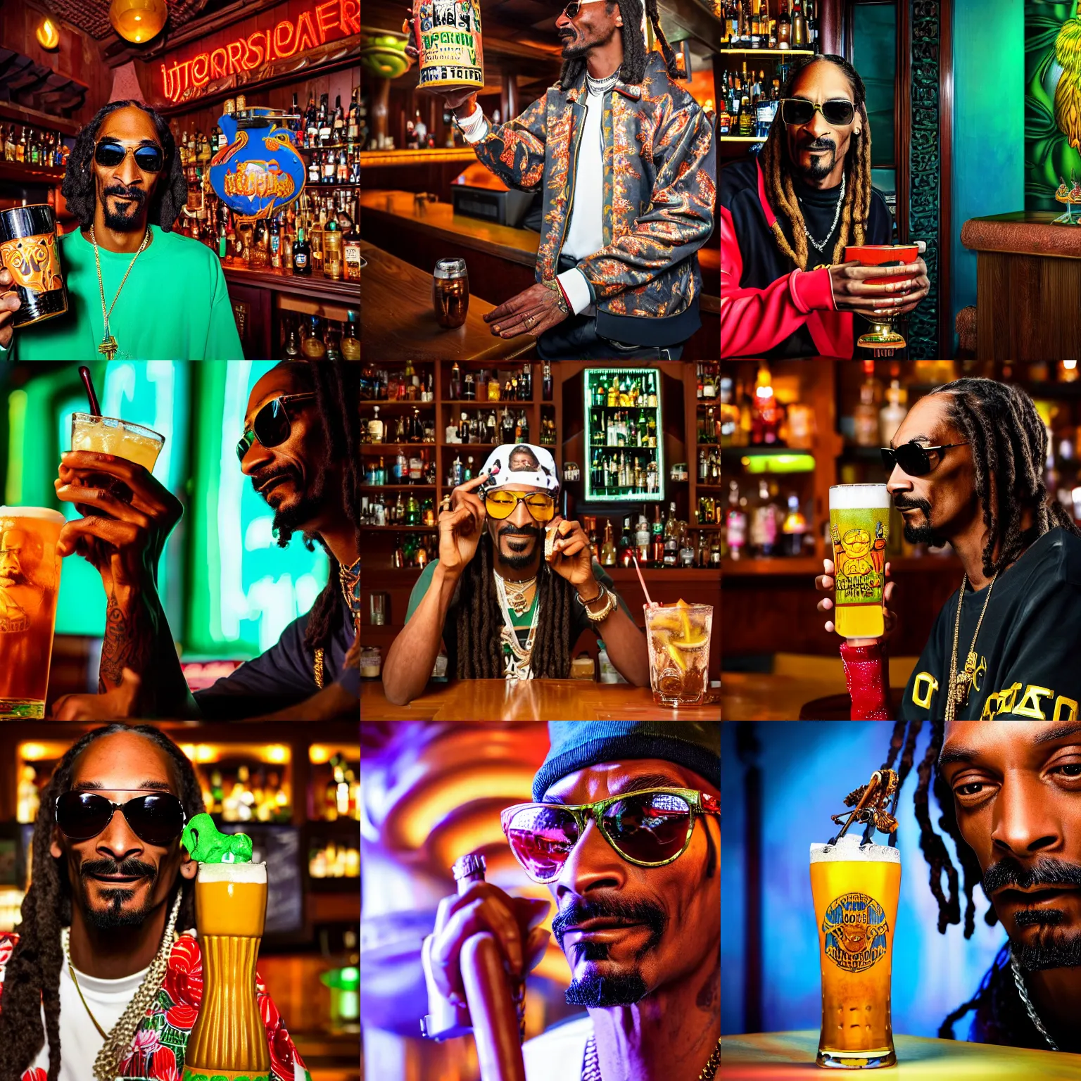 Prompt: a closeup photorealistic photograph of snoop dogg at trader vic's bar while holding a snoop dogg themed tiki mug. brightly lit scene. this 4 k hd image is trending on artstation, featured on behance, well - rendered, extra crisp, features intricate detail, epic composition and the style of unreal engine.