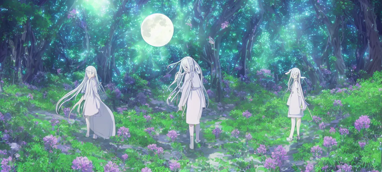 Prompt: illyasviel walking through enchanted ghibli clover | Big Moon at Blue Night | Trees with white flowers | bioluminescent blue FLOWERS | strong blue rimlit | visual-key | anime illustration | highly detailed High resolution | Light Novel | Visual Novel | In the style of Miyama-Zero, Yuuki Hagure | brilliant vibrant saturated dark colors