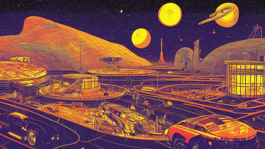 Prompt: spaceport at night by naomi okubo and dan mumford