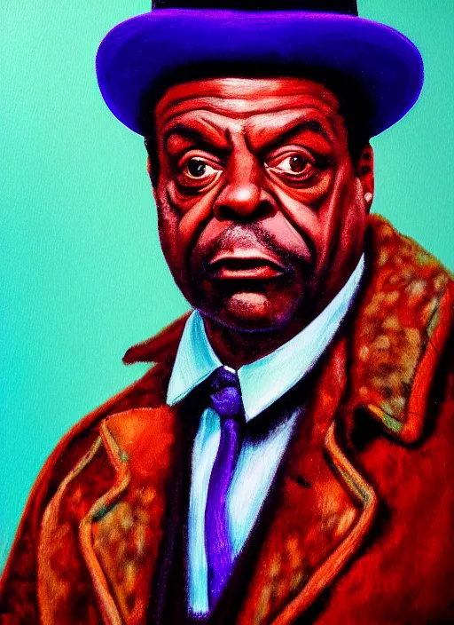 Image similar to portrait of del boy trotter, close up, high detail, radiant lighting, obscure render aesethic, magical background, gaudy colors, painting