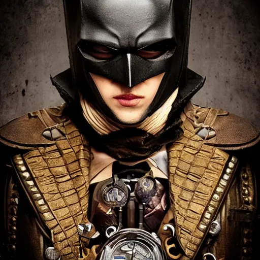 Prompt: epic portrait of a steampunk batman, movie still, cinematic, beautiful lighting, beautiful composition, illustration, digital matte painting, D&D, fantasy, intricate