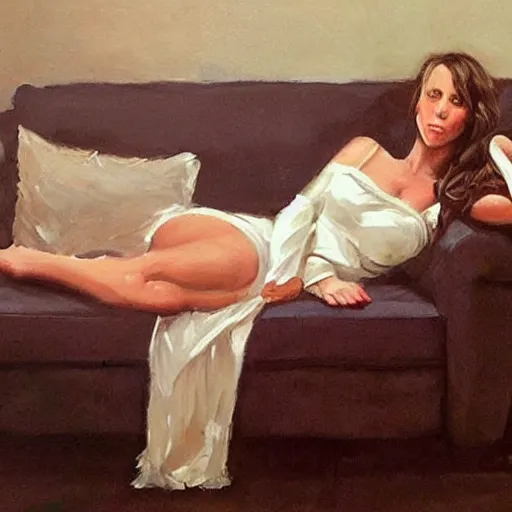 Image similar to portrait of jennifer love hewitt reclining on a couch greg manchess painting elegant, matte painting, illustration, hearthstone, trending on instagram