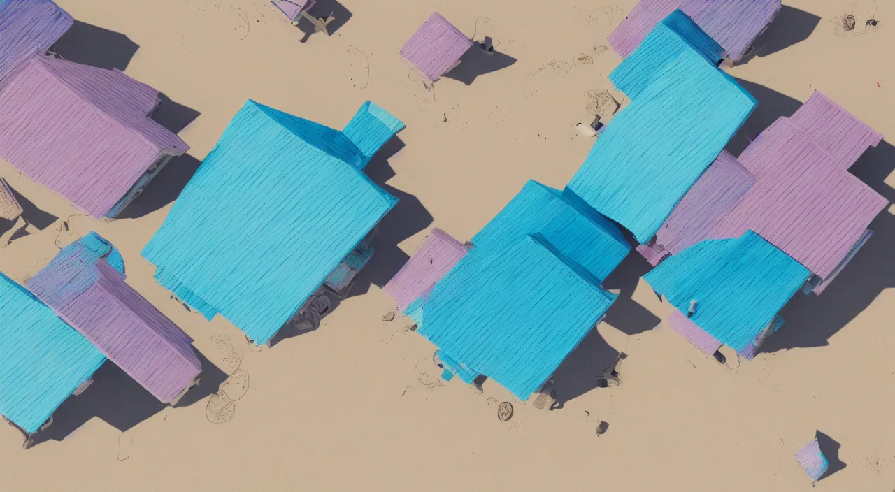 Prompt: pastel colored beach huts on a beach, low angle, close up, vray, single light source, dramatic lighting, cinematic