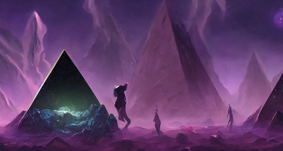 Image similar to black lovecraftian eldritch!! obsidian pyramid!! with a man standing, black desert, cosmic purple space!, bright stars, nebula, sky background by eugene von guerard, ivan shishkin, night, cosmic brightly purple space stars, concept art, trending on artstation, 8 k