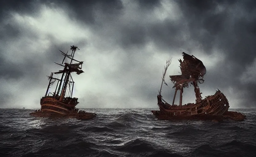 Image similar to “Pirate ship wreck falling from the sky, 4k, cinematic, award winning”