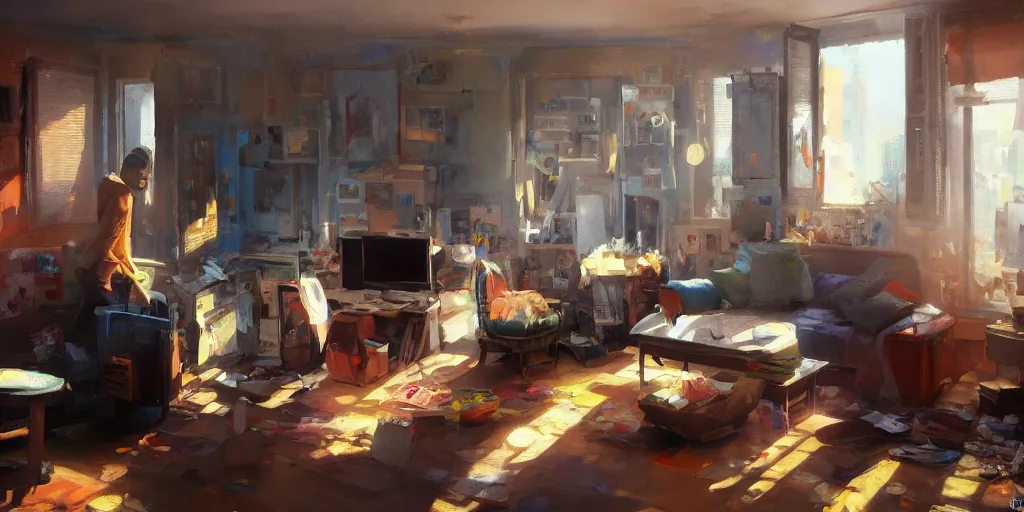 Prompt: A ultradetailed beautiful panting of a messy moders apartment, bright sunny day, Oil painting, by Ilya Kuvshinov, Greg Rutkowski and Makoto Shinkai