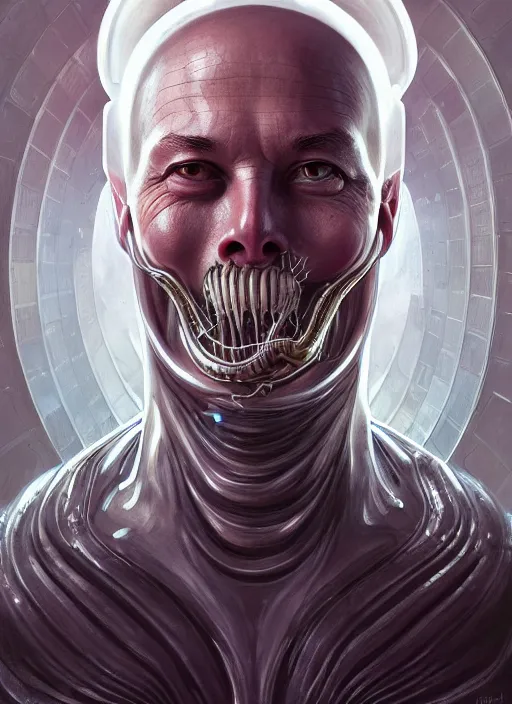 Image similar to slimy mollusk as elon musk, anthropomorphic character, drool, concept art, intricate, elegant, highly detailed, digital painting, artstation, wallpaper, smooth, sharp focus, illustration, art by h. r. giger and artgerm and greg rutkowski and alphonse mucha