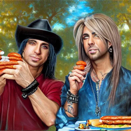 Image similar to portrait of brett michaels and criss angel sharing hotdogs, an oil painting by ross tran and thomas kincade