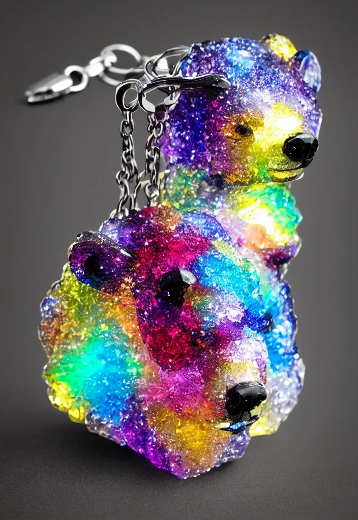 Image similar to a small colourful crystal bear keychain by greg rutkowski, sung choi, mitchell mohrhauser, maciej kuciara, johnson ting, maxim verehin, peter konig, 8 k photorealistic, cinematic lighting, hd, high details, dramatic, atmosphereric, trending on artstation