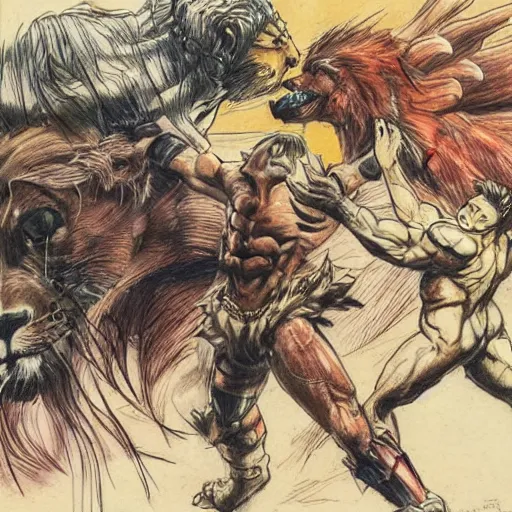 Prompt: hero wrestling against a lion in the middle of an arena, crowd of people, pencil art, added detail, high definiton, colored, aerial viewyoji shinkawa