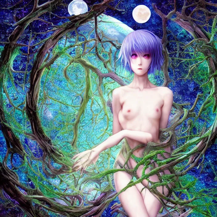 Image similar to dreamscape forest rei ayanami with horns, the moon in the woods, earth from the moon, fractal, liminal space, Japan Lush Forest, Leviathan awakening from Japan in a Radially Symmetric Alien Megastructure turbulent bismuth glitchart Luminism Romanticism by John William Waterhouse Atmospheric Cinematic Environmental & Architectural Design recusion mandelbulb fractal wisdom acrylic pouring