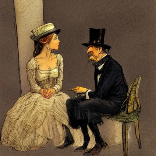 Prompt: a mummy in victorian clothes and a top hat has an intimate conversation with a woman in victorian clothes, graphic novel style by alan lee and john howe