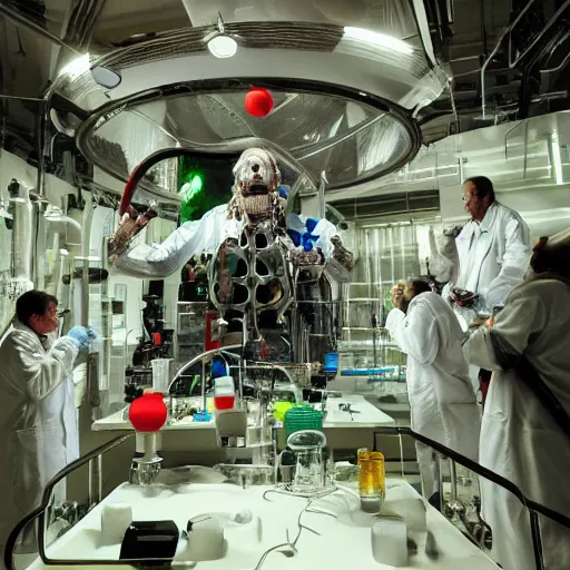 Image similar to photo of scientists watching a evel god in culture capsule, laboratory, bio chemical, hyperealistic, detailed photography, divinity, awful, sci - fi, green light