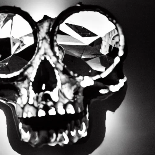 Image similar to a skull made out of broken mirrors, reflecting light in a nightclub, grainy film still