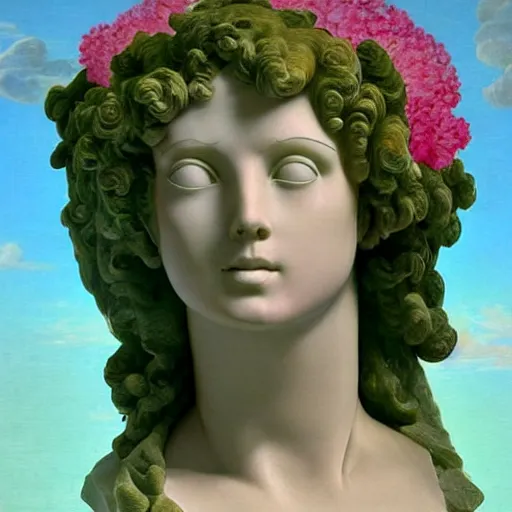 Image similar to award winning masterpiece with incredible details, a surreal gigantic marble bust vaporwave vaporwave vaporwave vaporwave vaporwave painting by Thomas Cole of an old pink mannequin head with flowers growing out, sinking underwater, highly detailed, reality is an illusion