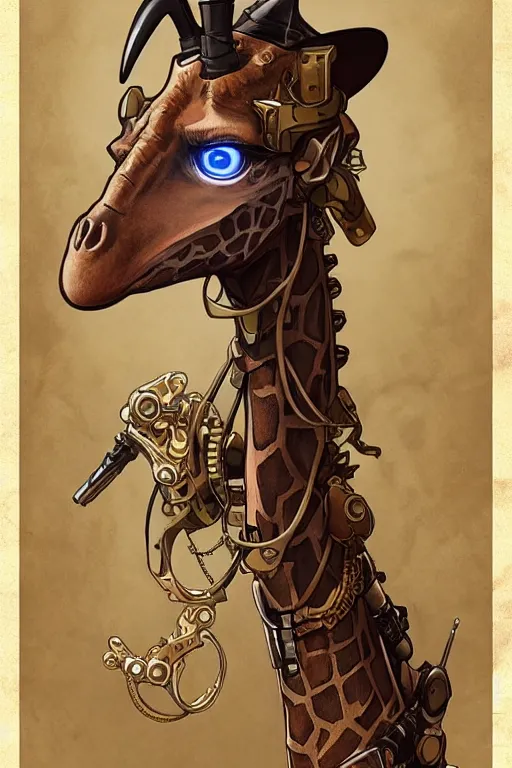 Image similar to anthropomorphic giraffe as steampunk half - cyborg, western gunslinger, high fantasy, dnd, smooth, sharp focus, illustration, highly detailed, digital painting, artstation, concept art, by disney animation, rossdraws, alphonse mucha, frank fanzzeta, collectible card art