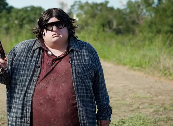 Prompt: film still of andy milonakis in the new walking dead tv series, 4 k