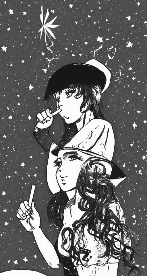 Image similar to a young cowgirl in space smoking a cigarette while looking out the window of her spaceship, sad and introspective, highly detailed, anime style