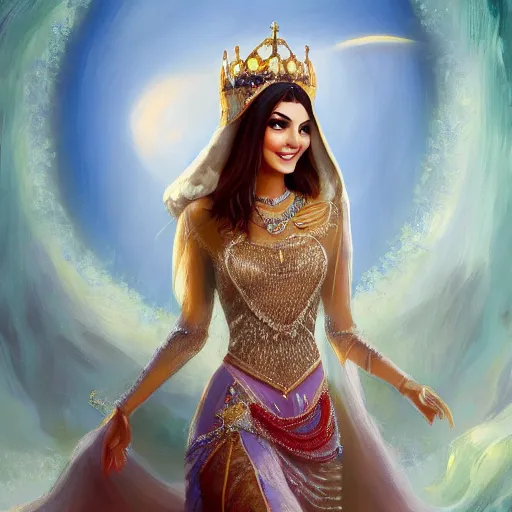 Image similar to a portrait of victoria justice as an arabian princess in a disney movie, crown!! oil painting, pale colors, high detail, 8 k, wide angle, trending on artstation,