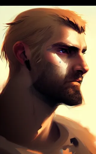 Image similar to a rugged young knight with blonde hair and blue eyes and a short beard and a scar under his left eye by Greg_Rutkowski, realistic, detailed, masterpiece, ArtStation