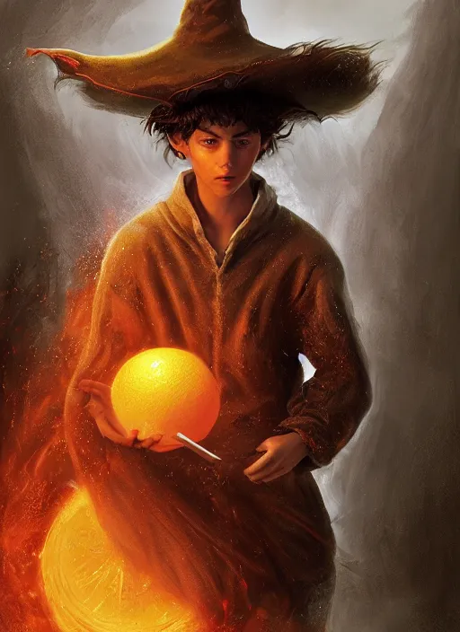 Image similar to Fifteen year old teenage hobbit wizard, short brown hair, pimples, mage hat, Orange Magic energy swirling body, Ivan Aivakovsky, Boris Vallejo, epic fantasy character art, D&D Concept Art, full length, Realistic, Regal, Refined, Detailed Digital Art, Oil Paining, Exquisite detail, post-processing, masterpiece, Cinematic Lighting, Unreal Engine, 8k, HD