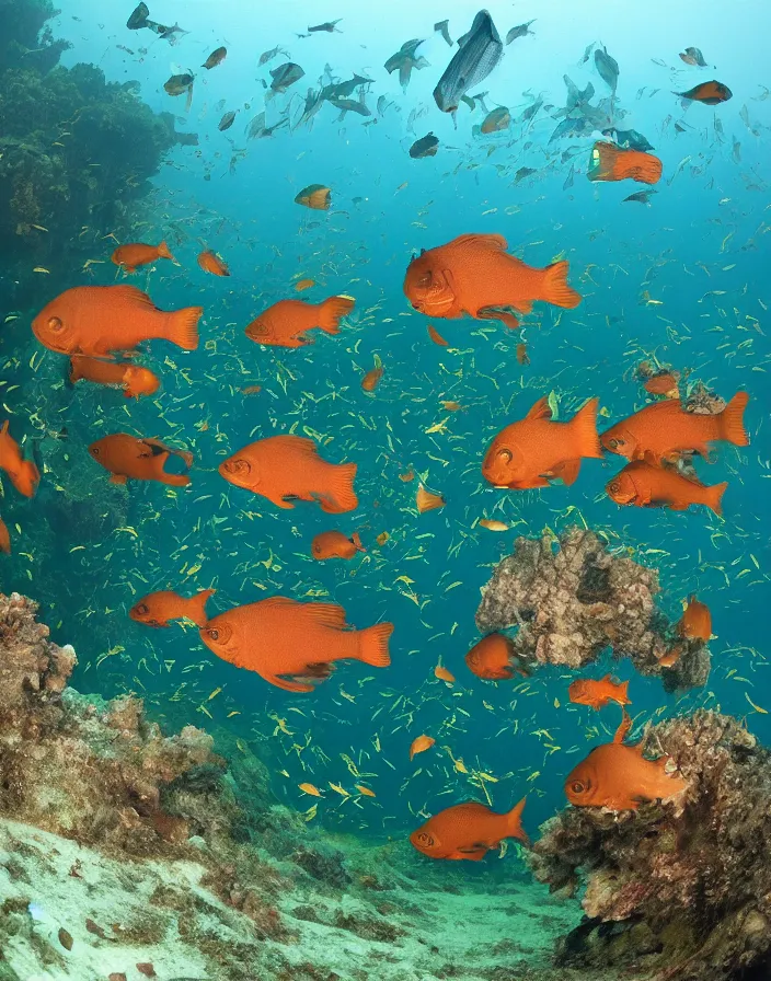 Image similar to an underwater city school for fish, 8k, National Geographic photo field.