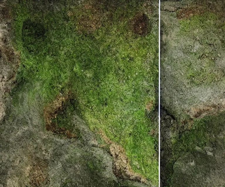 Image similar to an image split in half, post apocalyptic earth top, lush green earth bottom