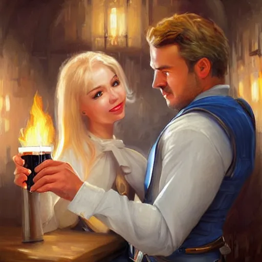 Prompt: blonde woman and Jango Fett drinking beer in a cellar, romantic, cozy, inviting, love, torches, painting by Vladimir Volegov