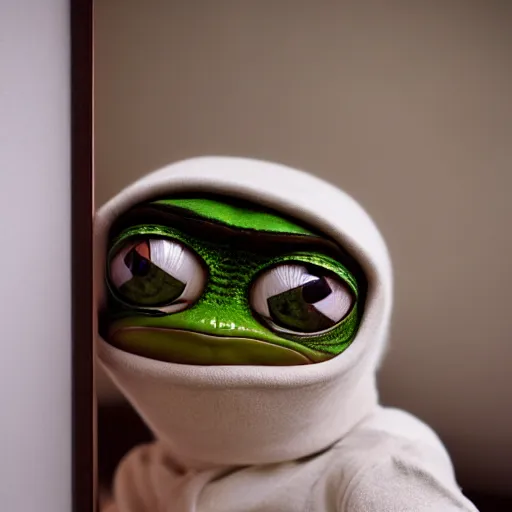 Image similar to closeup potrait of pepe frog Ina cozy room, natural light, sharp, detailed face, magazine, press, photo, Steve McCurry, David Lazar, Canon, Nikon, focus