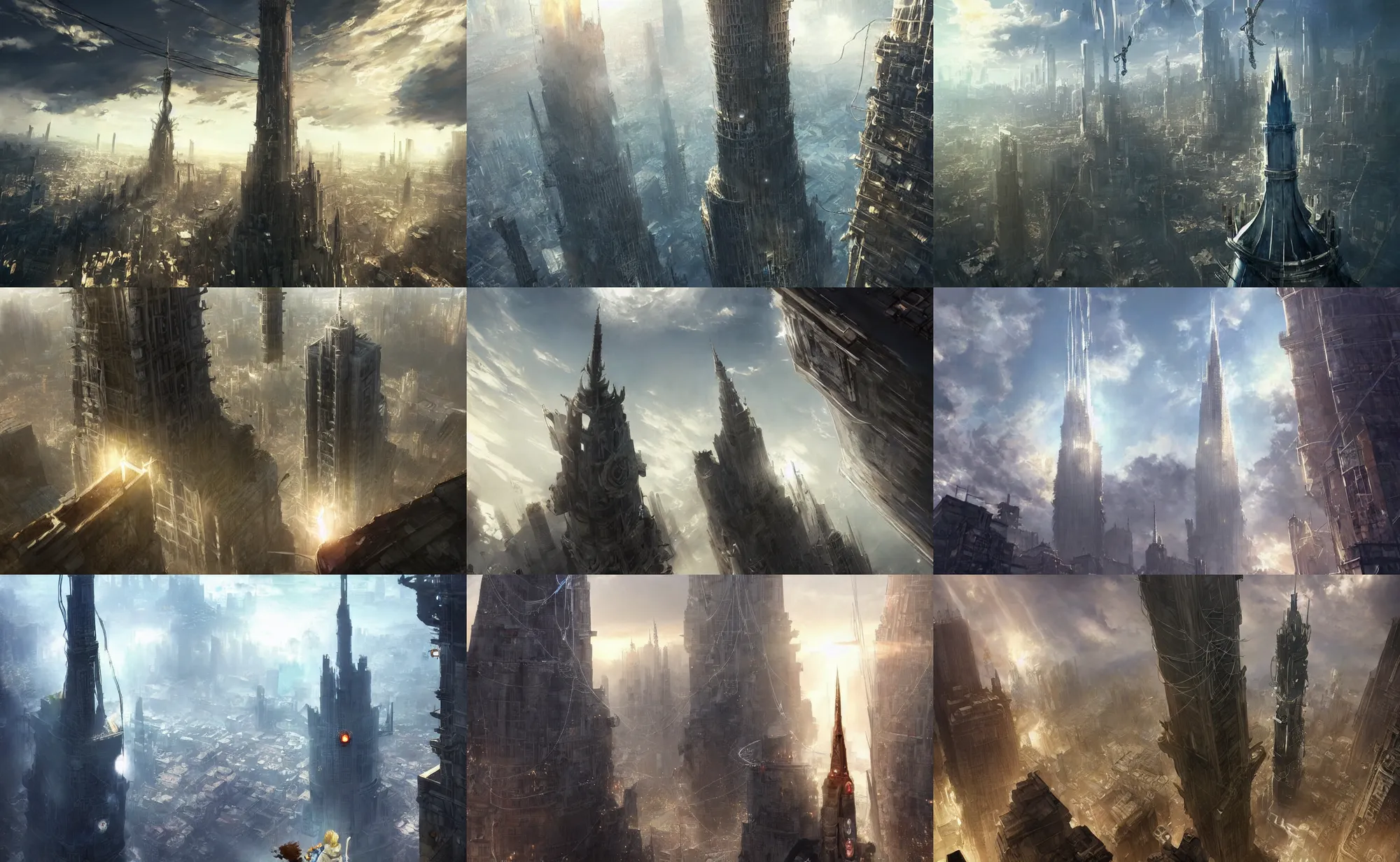 Prompt: resonance of fate tower art, the last guardian skinny towers, looking down from an infinite spire poking out of the clouds, void below, spire connected with rope bridge!!, babel, vertigo, huge distance, by craig mullins, by ruan jia! golden hour, ( ( dr sues ) ), cold, dramatic lighting