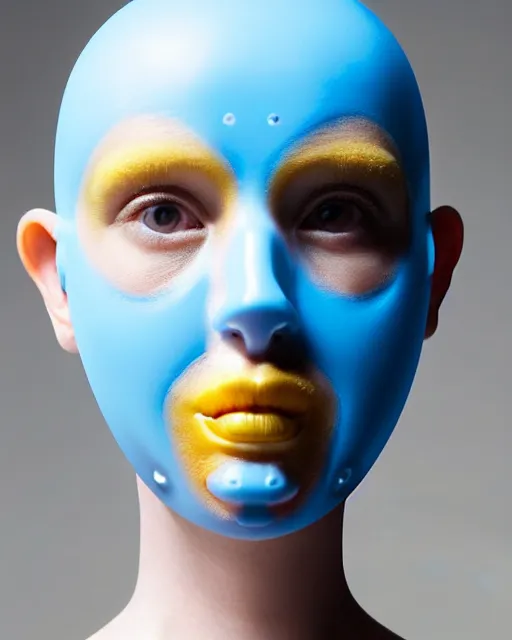 Image similar to symmetrical close - up portrait of a woman wearing a translucent silicone beauty mask and yellow hair buns, wearing a black bodysuit by alexander mcqueen, blue background, soft diffused light, biotechnology, humanoide robot, bjork aesthetic, translucent, by rineke dijkstra, intricate details, highly detailed, masterpiece,