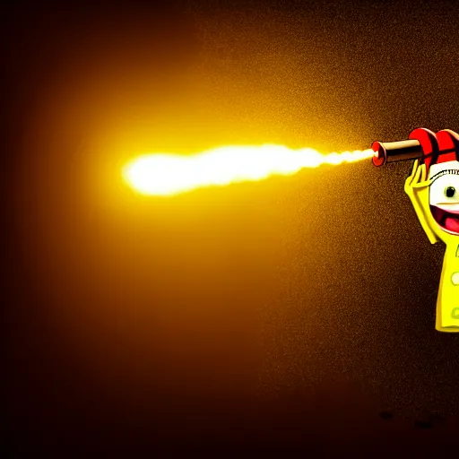 Image similar to high detail full body shot of spongebob squarepants shooting a machine gun with muzzle flash, cinematic framing, cinematic light, hard shadows, in the style of lone survivor,