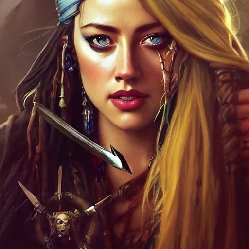 Prompt: photography of amber heard as captain jack sparrow, deep focus, d & d, fantasy, intricate, elegant, highly detailed, digital painting, artstation, concept art, matte, sharp focus, illustration, hearthstone, art by artgerm and greg rutkowski and alphonse mucha