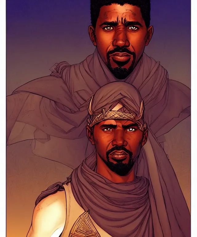 Image similar to a ( fantasy comic ) ( cover art ) portrait of a bedouin warrior who looks like ( young denzel washington ), digital illustration by jenny frison and sana takeda and kentaro miura, fine inking lines, vivid colors, dnd, highly detailed!, hd, 4 k, trending on artstation