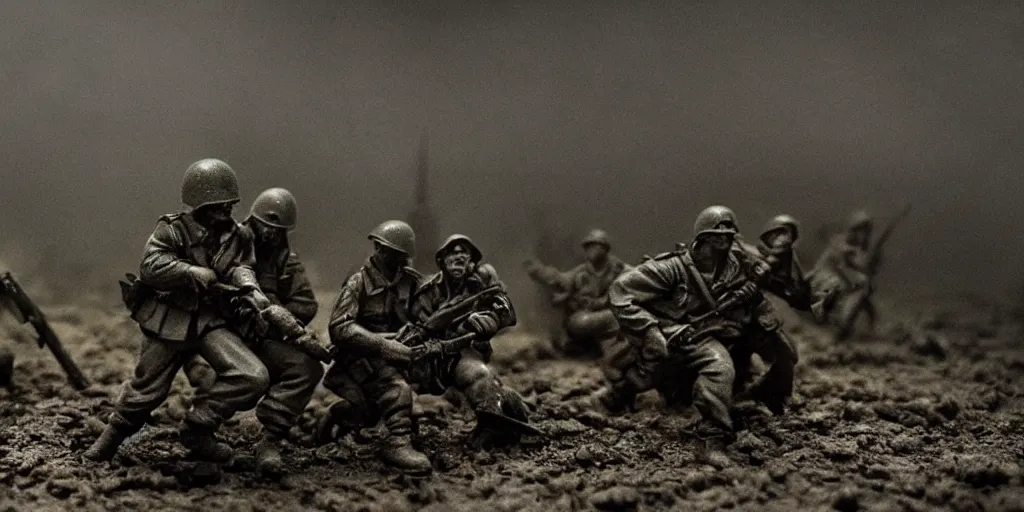 Image similar to world war 2, extremely detailed claymation art, dark, moody, foggy