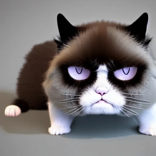 Image similar to cute chthonic fluffy grumpy cat, vray render, 50mm lens, bottom angle