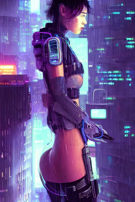 Image similar to portrait futuristic beautiful cyberpunk female police, in heavy rainning futuristic tokyo rooftop cyberpunk night, ssci-fi, fantasy, intricate, very very beautiful, elegant, neon light, highly detailed, digital painting, artstation, concept art, soft light, hdri, smooth, sharp focus, illustration, art by tian zi and craig mullins and WLOP and alphonse mucha