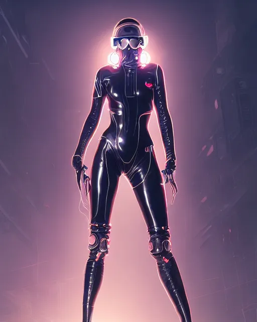 Prompt: girl wearing cyberpunk intricate catsuit, respirator, detailed portrait, cell shaded, 4 k, concept art, by wlop, ilya kuvshinov, artgerm, krenz cushart, greg rutkowski, pixiv. cinematic dramatic atmosphere, sharp focus, volumetric lighting, cinematic lighting, studio quality