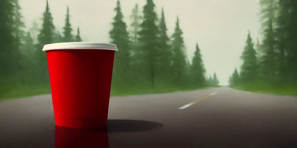 Prompt: paper cup in white red, macro view!!!, standing on empty road!!, natural colors! forest background!!, detailed, dark skies painting by greg rutkowski, beautiful, artstation, octane render, oil painting, sharpness, 8 k, golden ratio