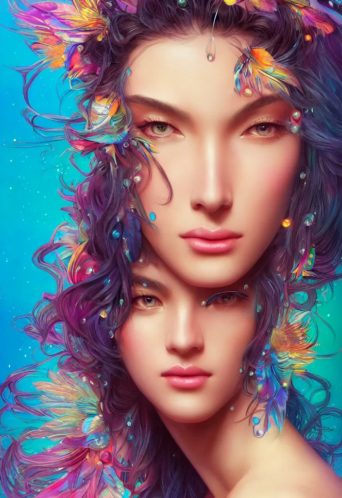 Image similar to beautiful, young woman, detailed gorgeous face, vaporwave aesthetic, synthwave, colorful, psychedelic, water droplets, feathers, crown, artstation, concept art, smooth, extremely sharp detail, finely tuned detail, ultra high definition, 8 k, unreal engine 5, ultra sharp focus, illustration, art by artgerm and greg rutkowski and alphonse mucha