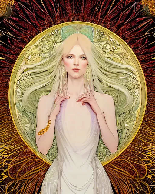 Prompt: portrait of an ethereal woman with pale hair and gold eyes wearing a flowing white and gold gown surrounded by feather motifs in the style of ilya kuvshinov and greg rutkowski and alphonse mucha and kay nielsen and ross tran and artgerm, intricate, digital painting, concept art