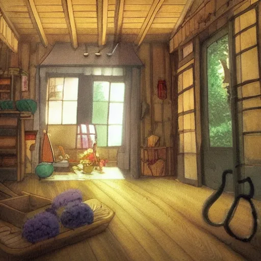 Image similar to studio Ghibli, the interior of a small cottage, warm lighting