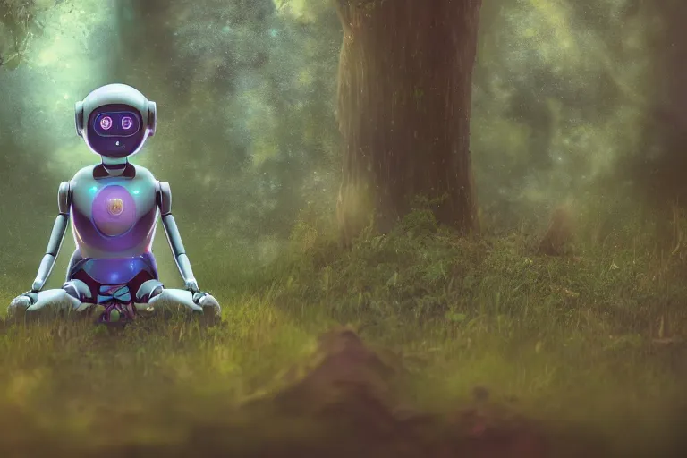 Prompt: a cute robot girl meditating in the forest, astral, synthwave, realism, 8 k