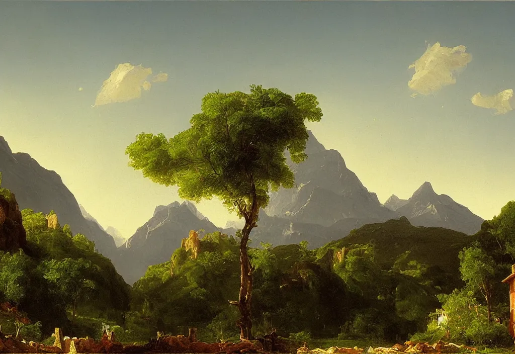 Prompt: painting of a rural town with mountains in the background, thomas cole