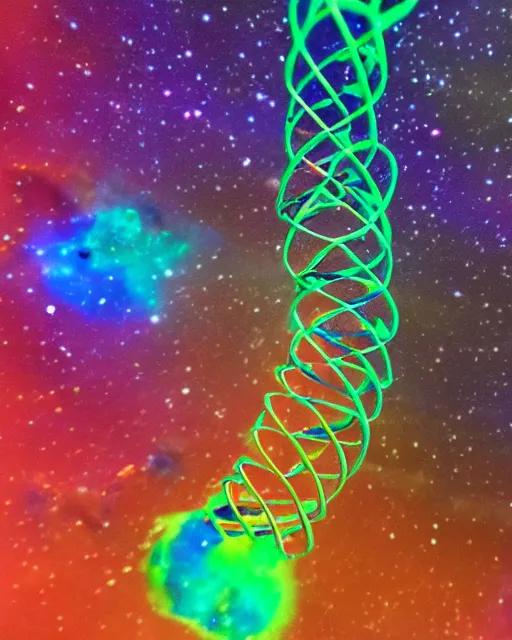 Image similar to detailed 3 d print of a dna helix in a nebulae. stardust and bioluminescent color scheme.