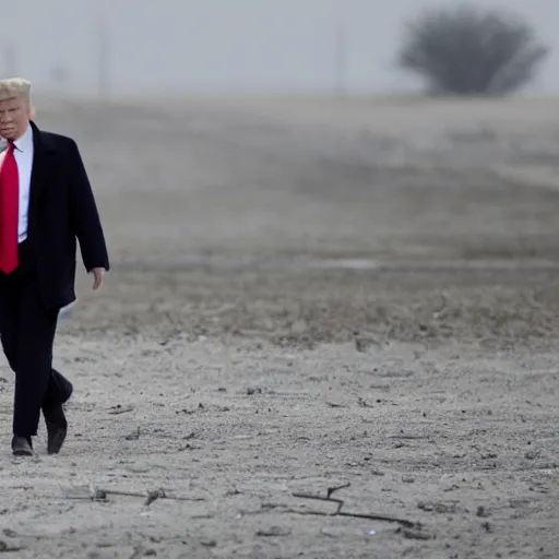 Image similar to donald trump walking in an empty wasteland, post - apocalyptic